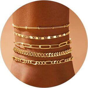 Gold Anklet Set for Women Layered Cuban Figaro Paperclip Waterproof Jewelry